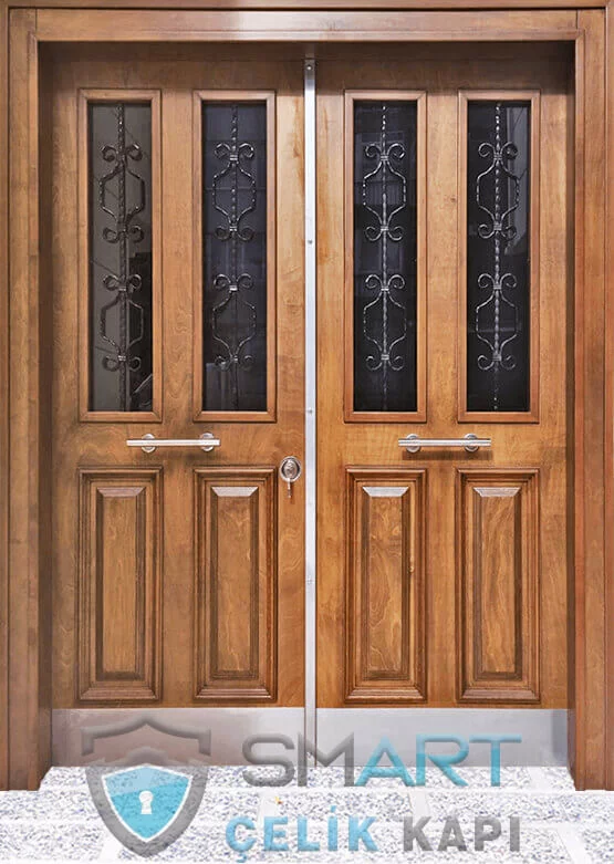 Ferforje detaylı apartman kapısı camlı bina kapısı şifreli apartman giriş kapısı