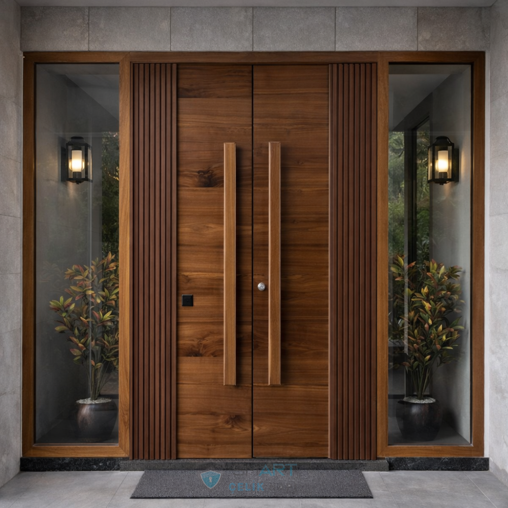 Doğal Ahşap Camlı Modern Villa Kapısı – B23